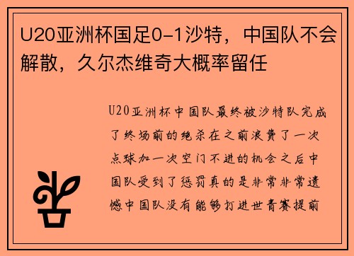 U20亚洲杯国足0-1沙特，中国队不会解散，久尔杰维奇大概率留任