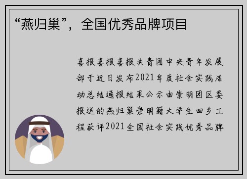 “燕归巢”，全国优秀品牌项目