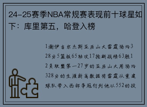 24-25赛季NBA常规赛表现前十球星如下：库里第五，哈登入榜