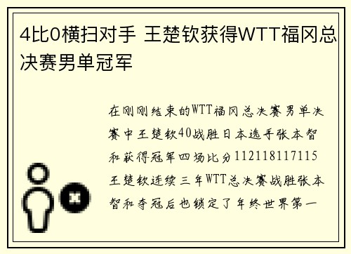 4比0横扫对手 王楚钦获得WTT福冈总决赛男单冠军