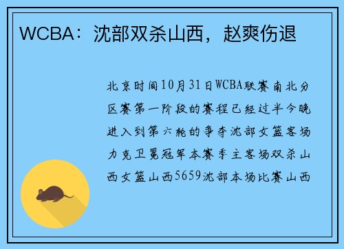 WCBA：沈部双杀山西，赵爽伤退