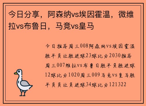 今日分享，阿森纳vs埃因霍温，微维拉vs布鲁日，马竞vs皇马
