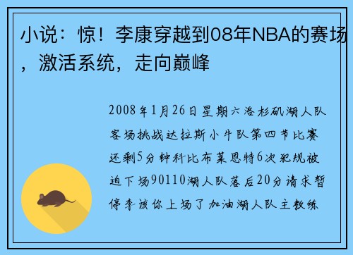 小说：惊！李康穿越到08年NBA的赛场，激活系统，走向巅峰