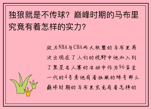 独狼就是不传球？巅峰时期的马布里究竟有着怎样的实力？