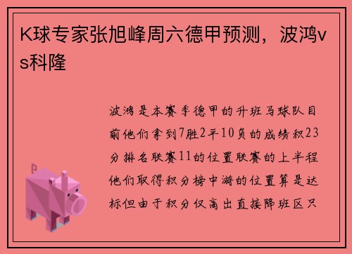 K球专家张旭峰周六德甲预测，波鸿vs科隆