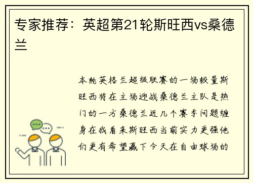 专家推荐：英超第21轮斯旺西vs桑德兰
